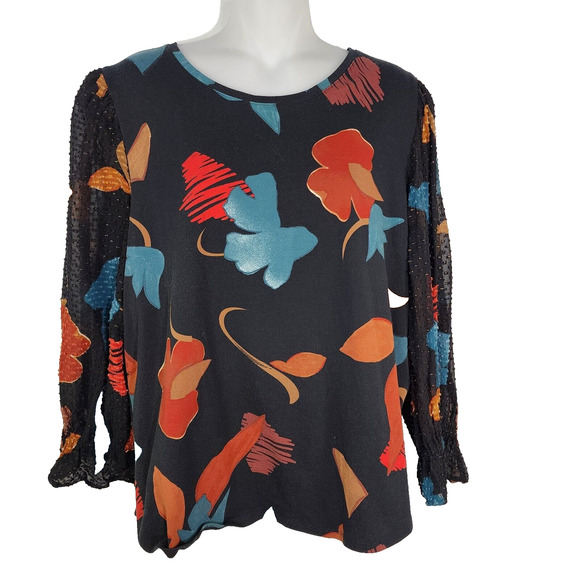 Chico’s Womens Top Size 3 XL Abstract Floral Print Chiffon Sheer 3/4 Sleeve Knit - Picture 1 of 11